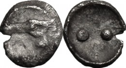 Sicily. Akragas. AR Hexas-Dionkion, 440-420 BC. Obv. Eagle head left; A below. Dotted border. Rev. Two pellets (mark of value) within shallow round in...