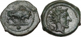 Sicily. Gela. AE Onkia, 420-405 BC. Obv. ΓΕΛΑΣ. Bull standing right; barley grain or leaf above, one pellet in exergue. Rev. Horned head of river god ...