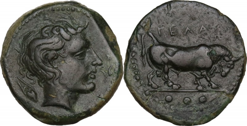 Sicily. Gela. AE Tetras, 420-405 BC. Obv. Obv. Bull right; ΓΕΛΑΣ above; three pe...