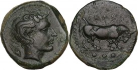 Sicily. Gela. AE Tetras, 420-405 BC. Obv. Obv. Bull right; ΓΕΛΑΣ above; three pellets in exergue. Rev. ΓΕΛΑΣ. HGC 2 380; CNS III 46; Jenkins 527. AE. ...