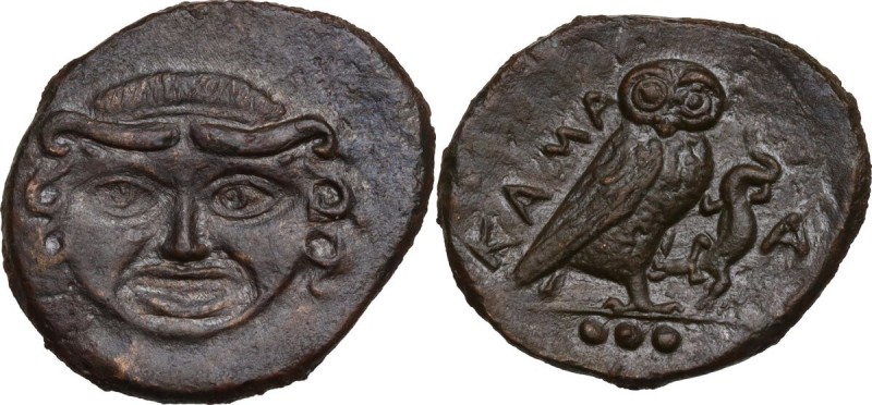 Sicily. Kamarina. AE Tetras or Trionkion, c. 420-405 BC. Obv. Gorgoneion facing,...
