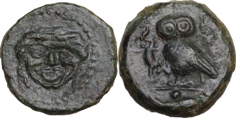 Sicily. Kamarina. AE Onkia. Circa 420-405 BC. Obv. Gorgoneion. Rev. KAMA. Owl st...