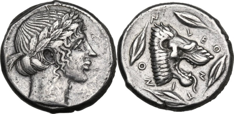 Sicily. Leontini. AR Tetradrachm, 460-450 BC. Obv. Laureate head of Apollo right...