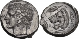 Sicily. Leontini. AR Tetradrachm, c. 430-425 BC. From a reverse die signed by the "Maestro della foglia". Obv. Laureate head of Apollo left. Rev. LEON...