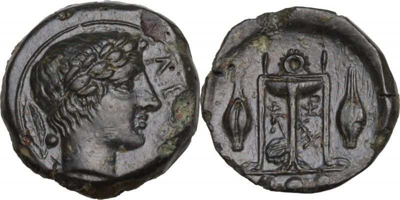 Sicily. Leontini. AE Tetras-Trionkion, circa 405-402 BC. Obv. Head of Apollo rig...