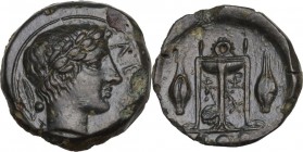 Sicily. Leontini. AE Tetras-Trionkion, circa 405-402 BC. Obv. Head of Apollo right, wearing laurel wreath; olive leaf and berry to left, ΛE[ON] to rig...