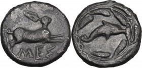 Sicily. Messana. AR Litra, 425-421 BC. Obv. Hare springing right; below, ΜΕΣ. Rev. Dolphin right within olive wreath. Caltabiano 504. AR. 0.48 g. 8.00...