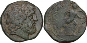 Sicily. Messana. The Mamertinoi. AE Pentonkion, 220-200 BC. Obv. Laureate head of Zeus right; spearhead (?) behind. Rev. MAMEPTINΩΝ. Helmeted warrior ...