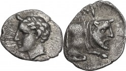 Sicily. Panormos as Ziz. AR Litra, Punic Occupation, c. 410-400 BC. Obv. Young male head left. Rev. Forepart of river-god right swimming right; above,...