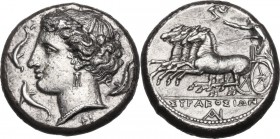 Sicily. Syracuse. Agathokles (317-289 BC). AR Tetradrachm, 317-310 BC. Obv. Head of Arethusa left, wearing grain wreath, pearl necklace and triple pen...