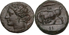 Sicily. Syracuse. Hieron II (275-215 BC). AE 20 mm. 275-269 BC. Obv. [ΣYPAKOΣIΩN]. Head of Kore left, wearing wreath of grain ears, earring and neckla...