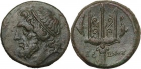 Sicily. Syracuse. Hieron II (275-215 BC). AE Litra, 240-215 BC. Obv. Diademed head of Poseidon left. Rev. Ornamented trident head flanked by two dolph...