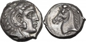 Punic Sicily. Entella (?). AR Tetradrachm, c. 300-289 BC. Obv. Head of youthful Herakles right, wearing lion's skin. Rev. Head of horse left; palm tre...