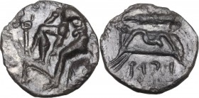 Punic Sicily. Solus. AR Litra, circa 406-397 BC. Obv. Hermes (?) seated left on rock; to left, caduceus. Rev. kfr’ in Punic characters. Club above bow...
