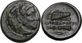 Continental Greece. Kings of Macedon. Alexander III "the Great" (336-323 BC). AE 19 mm. Miletus mint. 323-319 BC. Obv. Head of Herakles right, wearing...