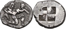Continental Greece. Islands off Thrace, Thasos. AR Stater, c. 500-480 BC. Obv. Satyr advancing right, carrying protesting nymph. Rev. Quadripartite in...