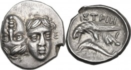 Continental Greece. Moesia, Istros. AR Drachm, c. 4th century BC. Obv. Facing male heads, the left inverted. Rev. ΙΣTPIH. Sea-eagle left, grasping dol...