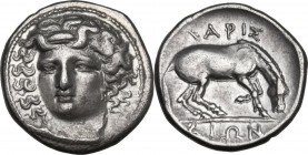 Continental Greece. Thessaly, Larissa. AR Drachm, c. 356-342 BC. Obv. Head of the nymph Larissa facing, turned slightly left, wearing ampyx, pendant e...