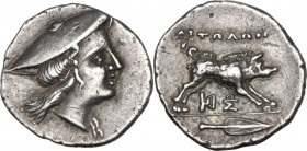 Continental Greece. Aitolia, Aitolian League. AR Triobol, circa 205-150 BC. Obv. Head of Aetolia right, wearing kausia. Rev. Calydonian boar right; tw...
