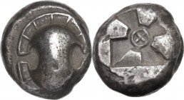 Continental Greece. Boeotia, Thebes. AR Stater, c. 480-460 BC. Obv. Boeotian shield. Rev. Square incuse with mill sail pattern; archaic theta at centr...