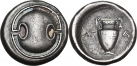Continental Greece. Boeotia, Thebes. AR Stater. Circa 363-338 BC. Agla, magistrate. Obv. Boeotian shield. Rev. Amphora; AΓ-Λ[A] across field; all with...
