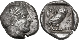 Continental Greece. Attica, Athens. AR Tetradrachm, c. 475-465 BC. Obv. Helmeted head of Athena right, with frontal eye, wearing earring, [necklace wi...