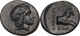 Greek Asia. Ionia, Kolophon. AE 14.5 mm. Dionysios magistrate circa 360-330 BC. Obv. Laureate head of Apollo right. Rev. ΔIONYΣIOΣ KOΛ. Forepart of ho...