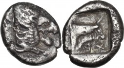 Greek Asia. Caria, Chersonesus. AR Drachm, 500-480 BC. Obv. Forepart of roaring lion right. Rev. Head of ox (or bull) right; beneath, XE retrograde; a...
