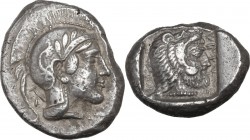 Greek Asia. Lycia, Telmessos. Kherei (c. 420-380 BC). AR Stater. Obv. Head of Athena right, wearing crested Attic helmet decorated with olive leaves a...