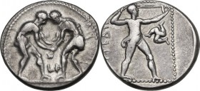 Greek Asia. Pamphylia, Aspendos. AR Stater, circa 370-330 BC. Obv. Two wrestlers grappling; LF between. Rev. Slinger standing right; triskeles to righ...