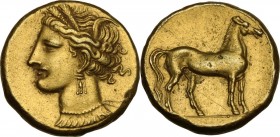 Zeugitania, Carthage. EL Stater. Circa 290-270 BC. D/ Wreathed head of Tanit left, wearing triple-pendant earring and necklace. R/ Horse standing righ...