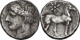 Zeugitania, Carthage. First Punic War. BI Double Shekel. Circa 264-241 BC. D/ Wreathed head of Kore left, wearing triple-pendant earring. R/ Horse sta...