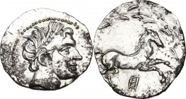 Punic Sicily. Akragas. AR Half Shekel. Punic occupation, c. 213-211 BC. D/ Male head right (Triptolemos?), wearing wreath of grain ears. R/ Horse leap...