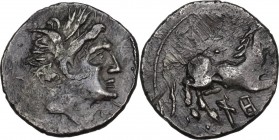 Punic Sicily. Akragas. AR Quarter-Shekel. Punic occupation, c. 213-211 BC. D/ Male head right (Triptolemos?), wearing wreath of grain ears. R/ Horse l...