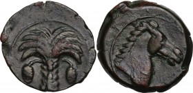 Punic Sardinia. AE 19 mm. Circa 350/40-320/300 BC. Uncertain mint. D/ Palm tree with two clusters of dates and five branches on each side. R/ Horse's ...