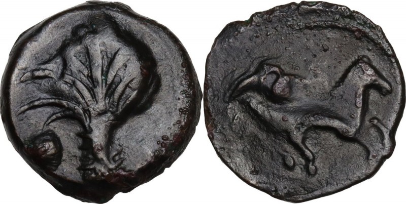 Punic Sardinia. AE 16.5 mm. Circa 350/40-320/300 BC. Uncertain mint. D/ Palm tre...