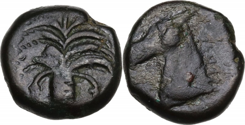 Punic Sardinia. AE 17 mm. Circa 350/40-320/300 BC. Uncertain mint. D/ Palm tree ...