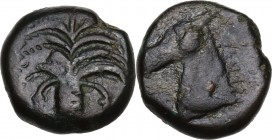 Punic Sardinia. AE 17 mm. Circa 350/40-320/300 BC. Uncertain mint. D/ Palm tree with two clusters of dates and four branches on each side. R/ Horse's ...