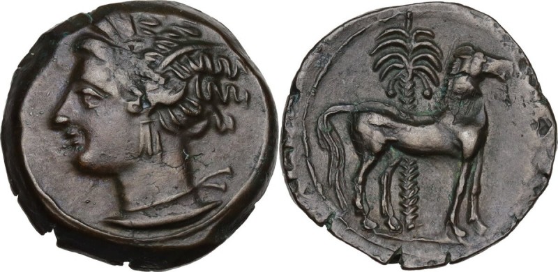 Punic Sardinia. AE 17 mm. Circa 360-330 BC. Uncertain mint. D/ Wreathed head of ...