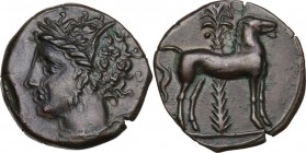 Punic Sardinia. AE 15.5 mm. Circa 360-330 BC. Uncertain mint. D/ Wreathed head of Kore left, wearing triple-pendant earring. R/ Horse standing right; ...