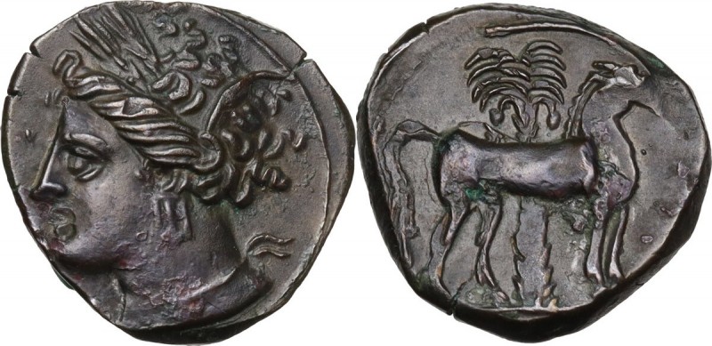 Punic Sardinia. AE 16 mm. Circa 360-330 BC. Uncertain mint. D/ Wreathed head of ...