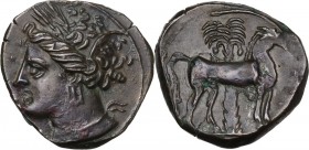 Punic Sardinia. AE 16 mm. Circa 360-330 BC. Uncertain mint. D/ Wreathed head of Kore left, wearing triple-pendant earring. R/ Horse standing right; in...