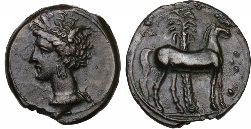 Punic Sardinia. AE 17 mm. Circa 360-330 BC. Uncertain mint. D/ Wreathed head of ...
