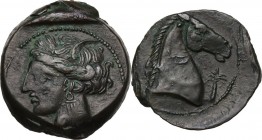 Punic Sardinia. AE 20.5 mm. Circa 300-264 BC. Uncertain mint. D/ Wreathed head of Kore left, wearing triple-pendant earring; on cheek, dash. R/ Horse'...