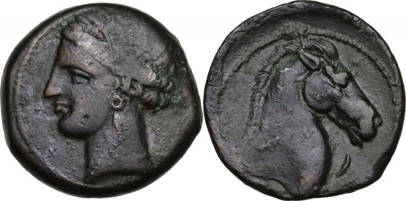 Punic Sardinia. AE 20 mm. Circa 300-264 BC. Uncertain mint. D/ Wreathed head of ...