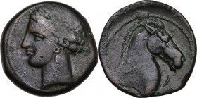 Punic Sardinia. AE 20 mm. Circa 300-264 BC. Uncertain mint. D/ Wreathed head of Kore left, wearing triple-pendant earring. R/ Horse's head right; befo...