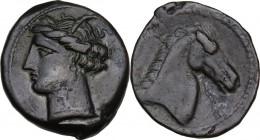 Punic Sardinia. AE 21 mm. Circa 300-264 BC. Uncertain mint. D/ Wreathed head of Kore left, wearing triple-pendant earring. R/ Horse's head right; befo...