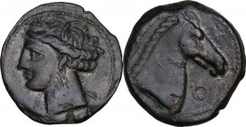 Punic Sardinia. AE 20 mm. Circa 300-264 BC. Uncertain mint. D/ Wreathed head of Kore left, wearing triple-pendant earring. R/ Horse's head right; befo...