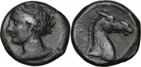 Punic Sardinia. AE 19.5 mm. Circa 300-264 BC. Uncertain mint. D/ Wreathed head of Kore left, wearing triple-pendant earring; below neck, pellet. R/ Ho...