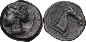 Punic Sardinia. AE 21 mm. Circa 300-264 BC. Uncertain mint. D/ Wreathed head of Kore left, wearing triple-pendant earring; [on neck, three pellets?]. ...